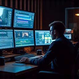 Editor de vídeo trabalhando em vários monitores