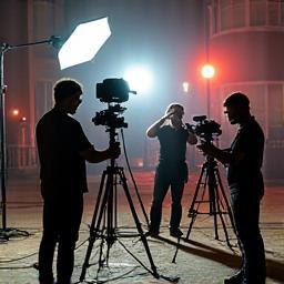 Equipe de filmagem montando equipamento em locação