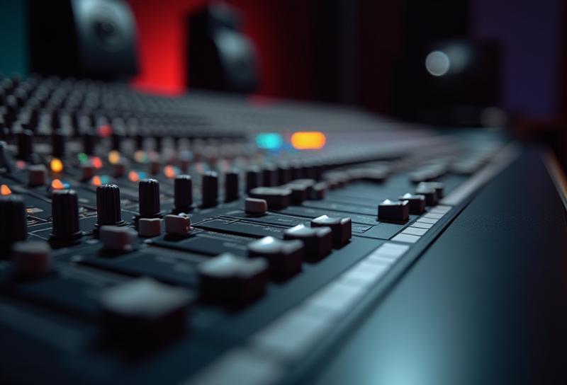 Vista de perto de uma grande mesa de mixagem de áudio