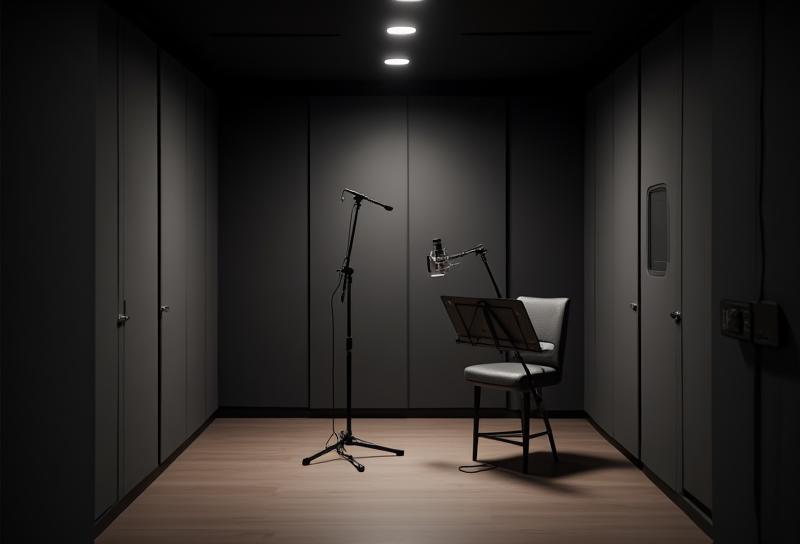 Visão ampla de uma cabine de gravação vocal profissional