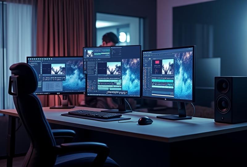Suíte de edição de vídeo limpa com vários monitores
